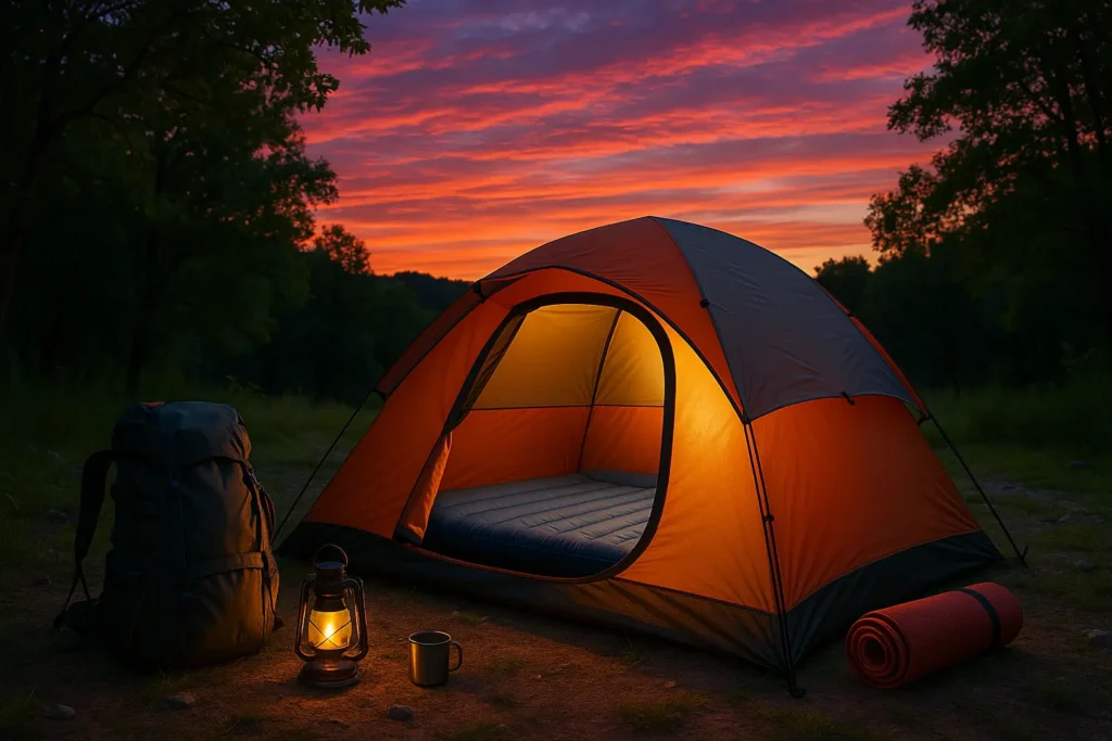 What Size Air Mattress Fits In a 2, 3, 4 Person Tent Campsite with a 4-person tent and queen air mattress setup at dusk