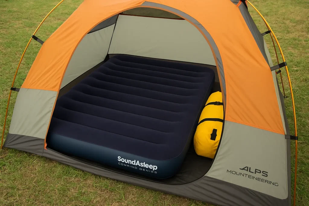What Size Air Mattress Fits In a 2, 3, 4 Person Tent Full-size air mattress in a 3-person camping tent with two campers and gear.