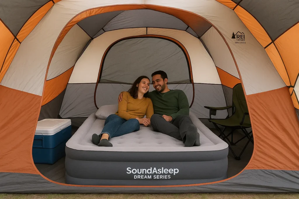 What Size Air Mattress Fits In a 2, 3, 4 Person Tent Queen air mattress in a 4-person camping tent with gear storage space.