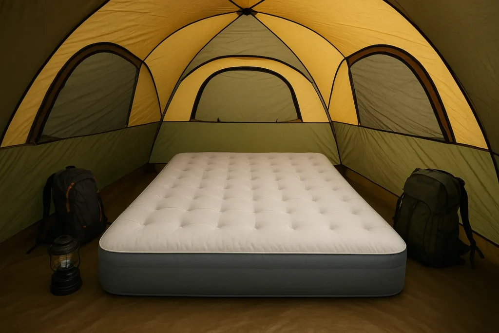 What Size Air Mattress Fits In a 2, 3, 4 Person Tent Twin air mattress in a 2-person camping tent with backpack storage.