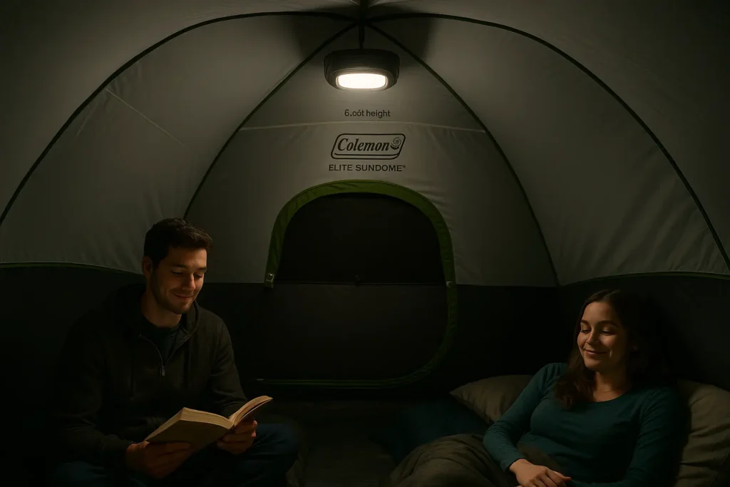 3 Best Tents With Hinged Doors for Camping: Top Picks Interior of Coleman Elite Sundome 6-person hinged door tent with LED lighting at night