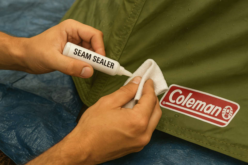 3 Best Tents With Hinged Doors for Camping: Top Picks Camper applying seam sealer to Coleman hinged door tent for waterproofing