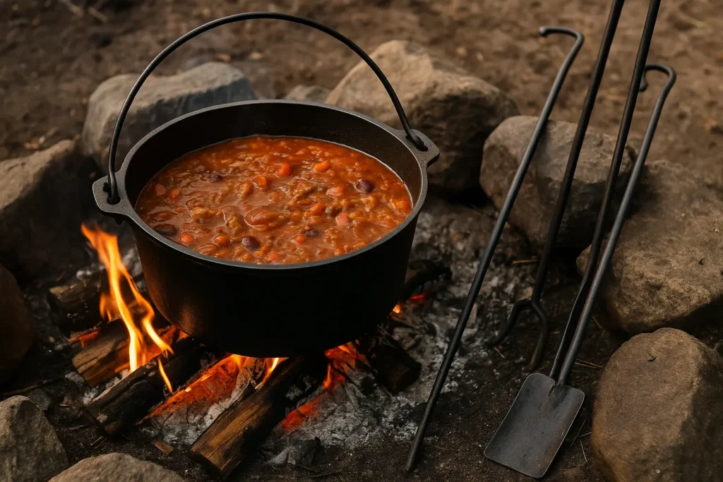 Best Camping Kitchen Setup Ideas for Easy Outdoor Cooking Campfire cooking with a cast iron Dutch oven in a camping kitchen setup