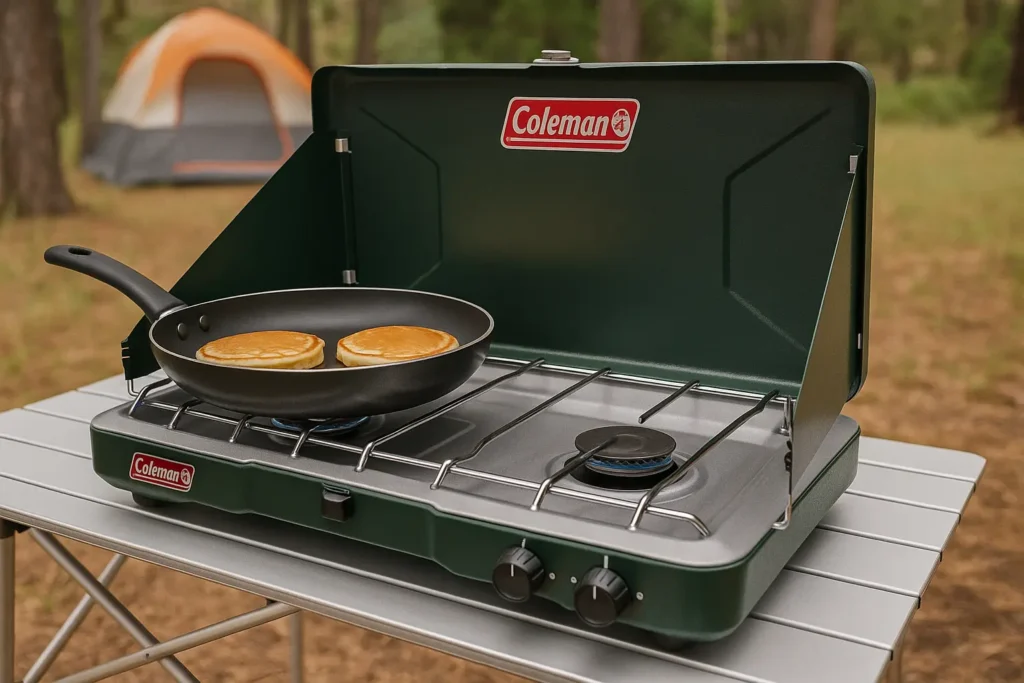 Best Camping Kitchen Setup Ideas for Easy Outdoor Cooking Coleman Triton 2-Burner Stove in a camping kitchen setup cooking a meal