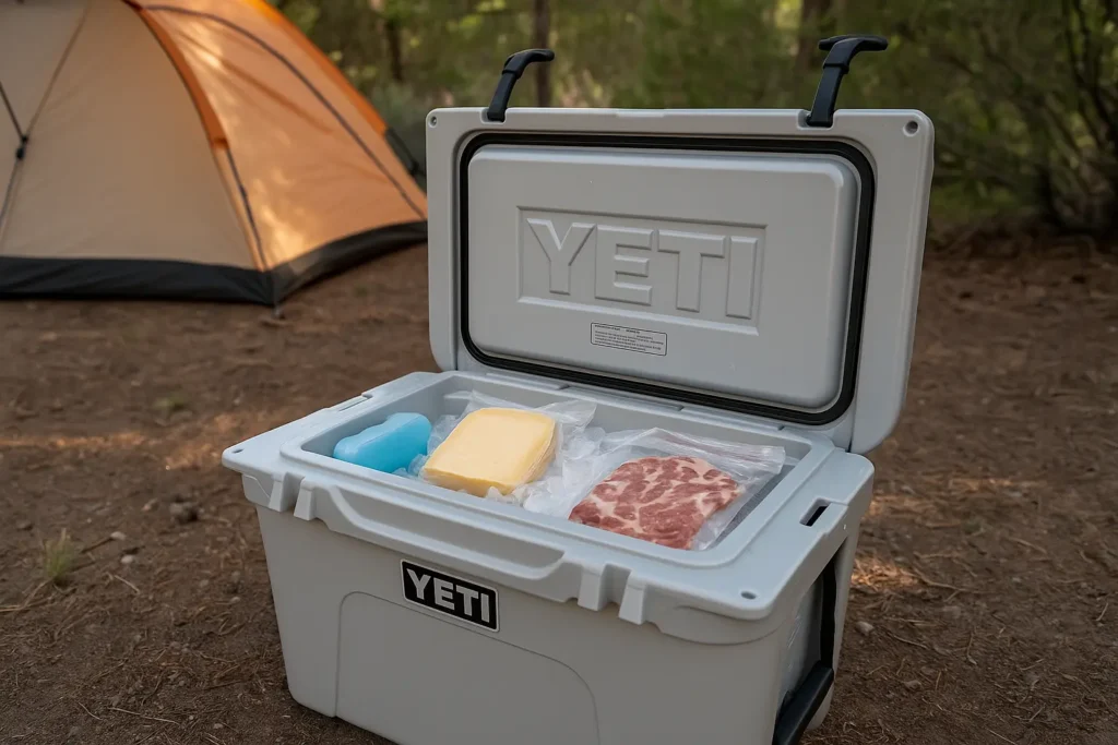 Best Camping Kitchen Setup Ideas for Easy Outdoor Cooking Yeti Tundra 35 Cooler in a camping kitchen setup for safe food storage