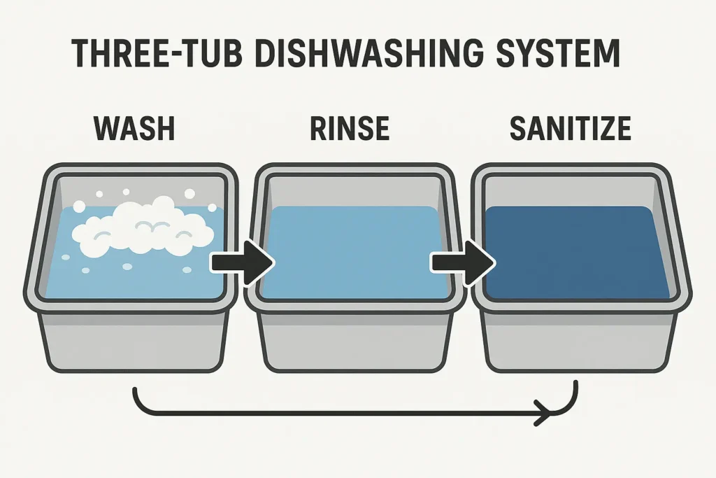 Three-tub dishwashing system for camp hygiene