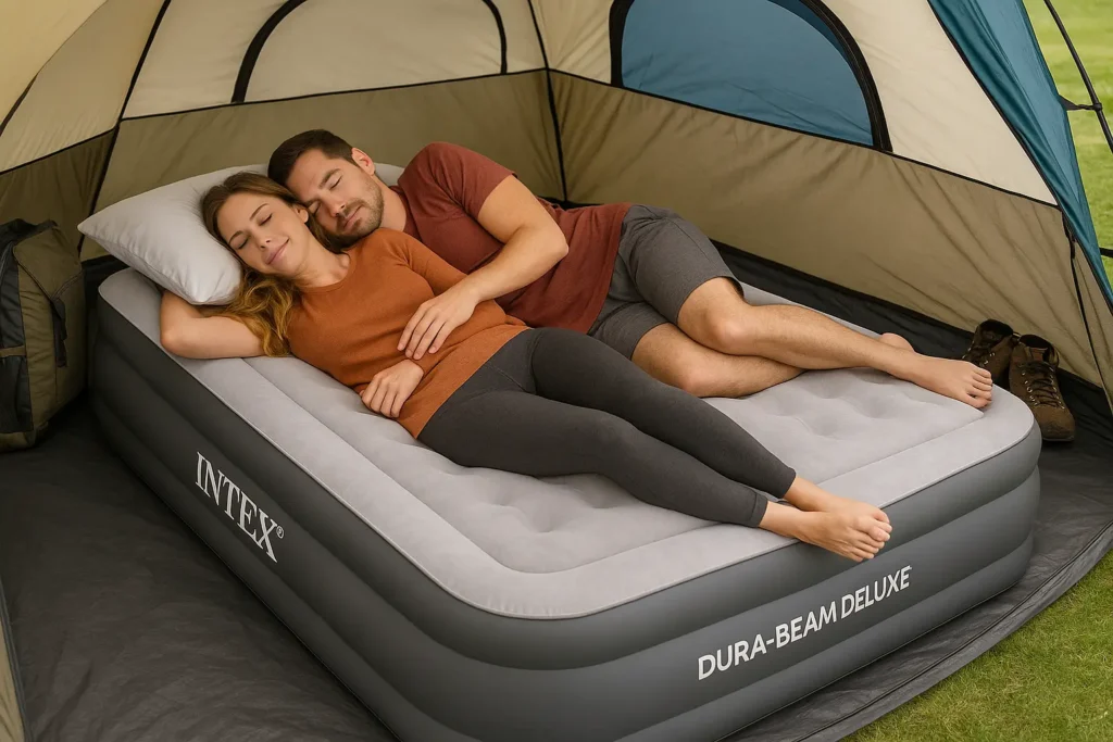 What Size Air Mattress Fits in a 4 Person Tent? 2025 Guide Intex Dura-Beam Queen air mattress inside a 4-person tent with couple