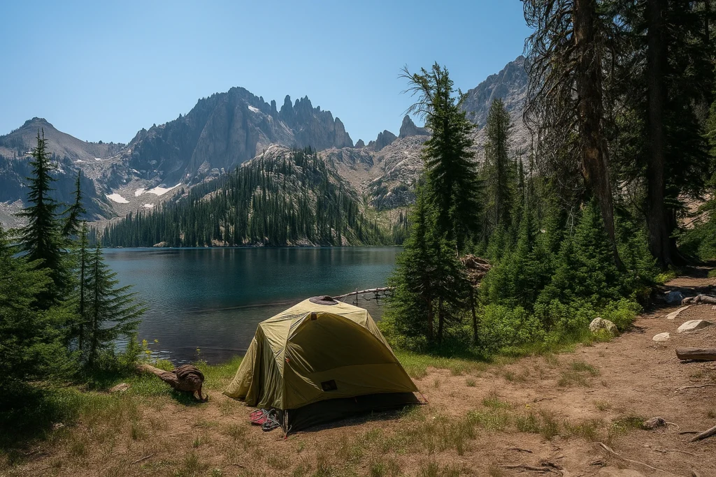 campsite near alpine lake with no-soap warning