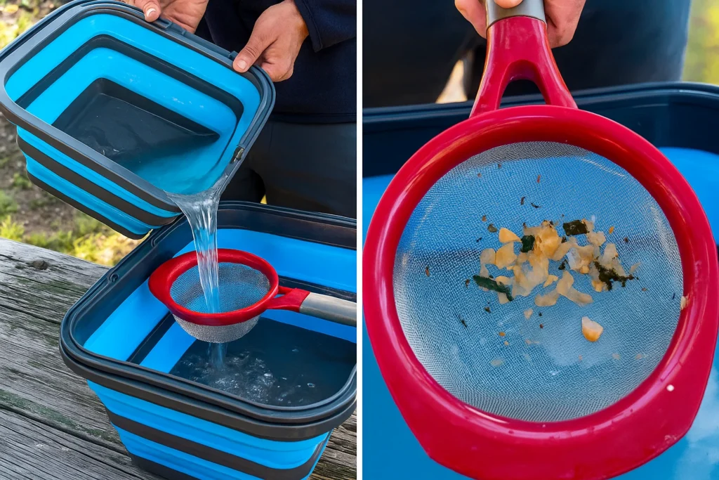 camper scattering dishwater away from campsite and water