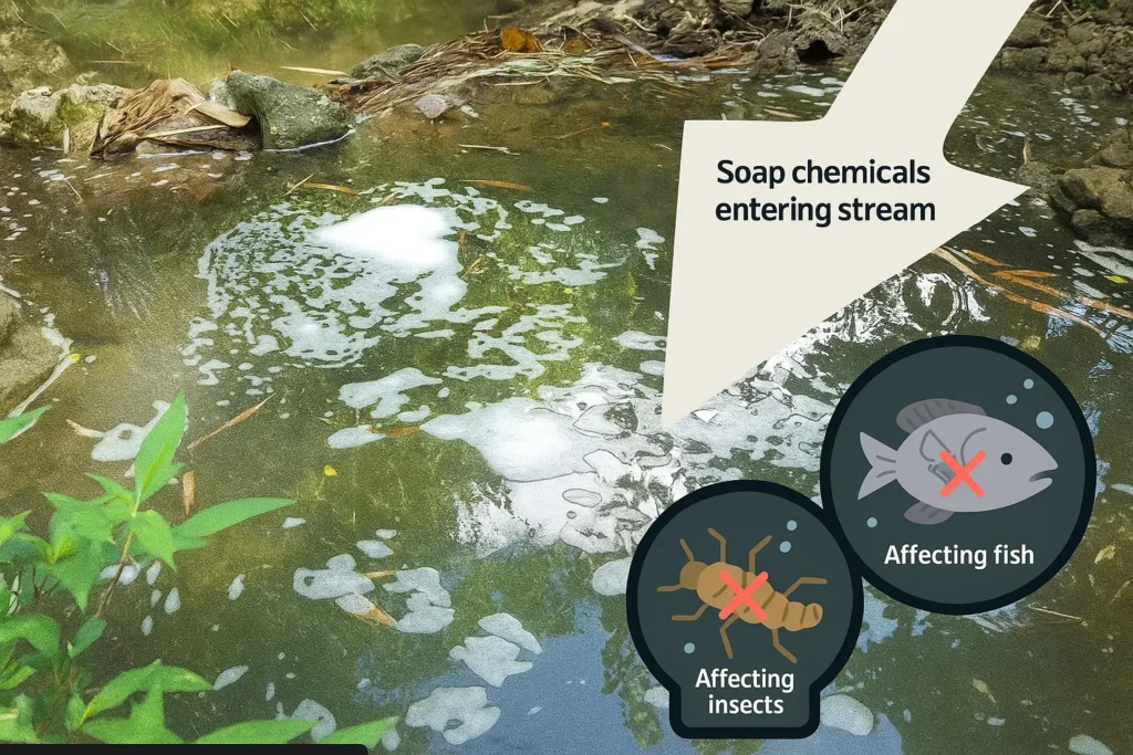 illustration of soap chemicals spreading in a river harming fish and insects