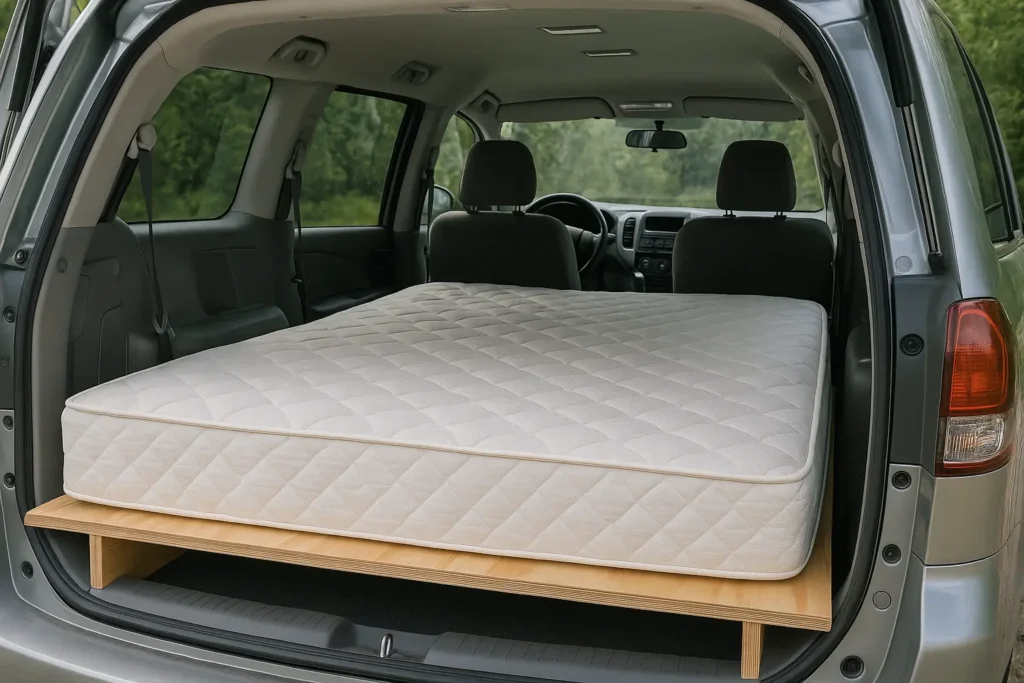 Will a Queen Mattress Fit in a Minivan? Toyota Sienna, Honda Odyssey, & More Queen mattress on plywood sleeping platform in minivan for camping
