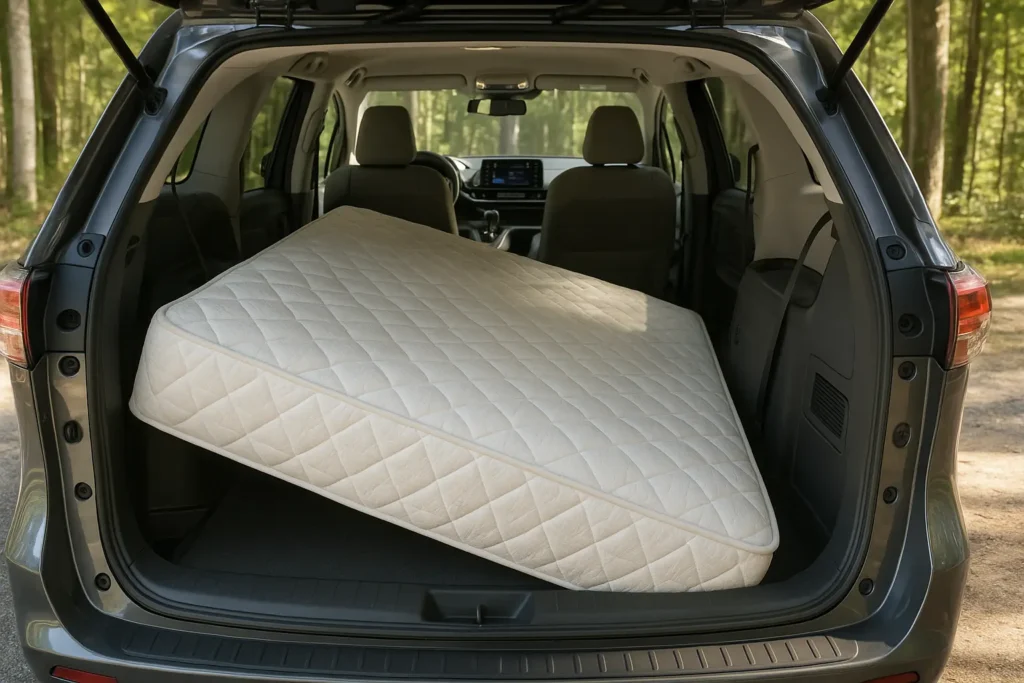 Will a Queen Mattress Fit in a Minivan? Toyota Sienna, Honda Odyssey, & More Queen size mattress angled in Toyota Sienna cargo area for minivan camping