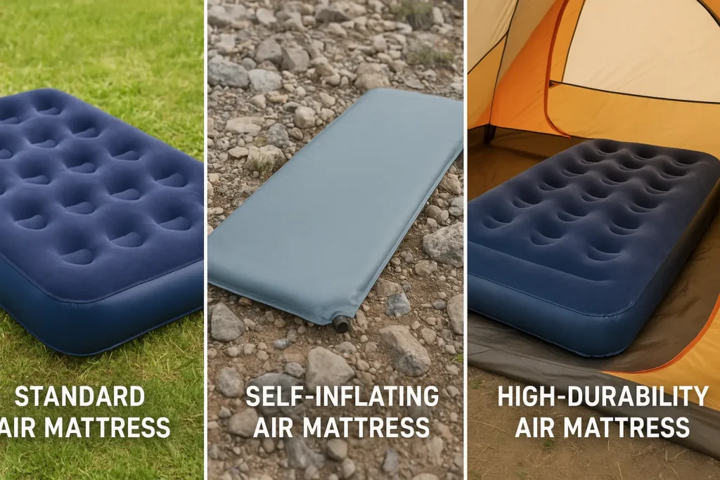 Is an Air Mattress Good for Camping? Pros, Cons & Top Picks 2025 Collage of camping air mattresses: standard, self-inflating, and high-durability models.