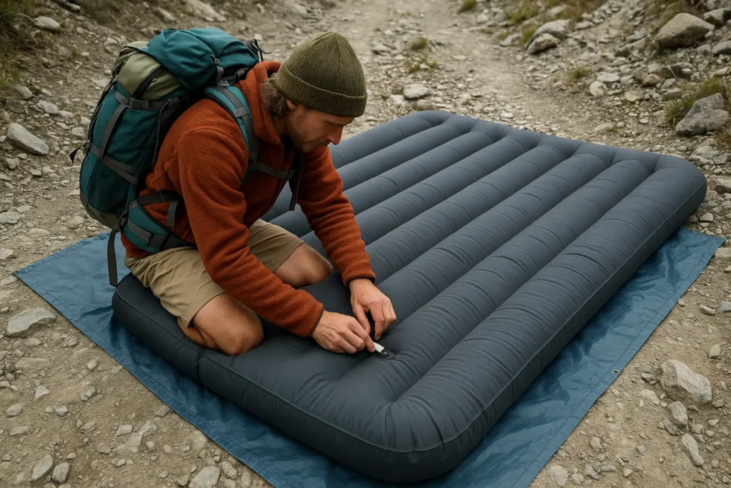 Is an Air Mattress Good for Camping? Pros, Cons & Top Picks 2025 Backpacker repairing an air mattress on a rocky campsite with a groundsheet