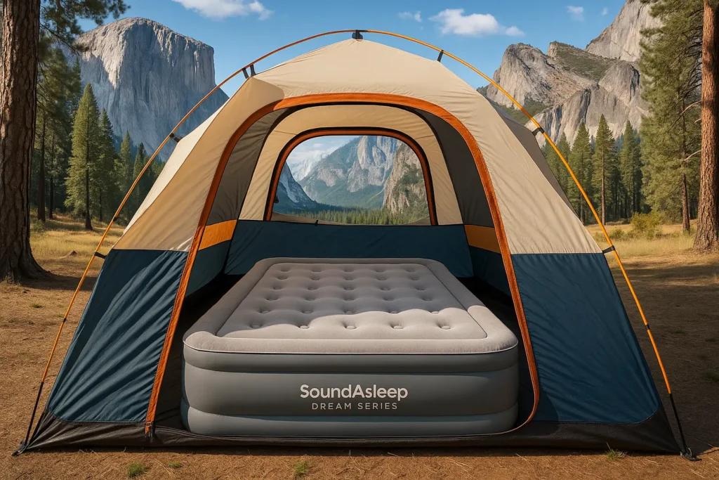 Is an Air Mattress Good for Camping? Pros, Cons & Top Picks 2025 SoundAsleep Dream Series air mattress in a family tent at a Yosemite campsite.