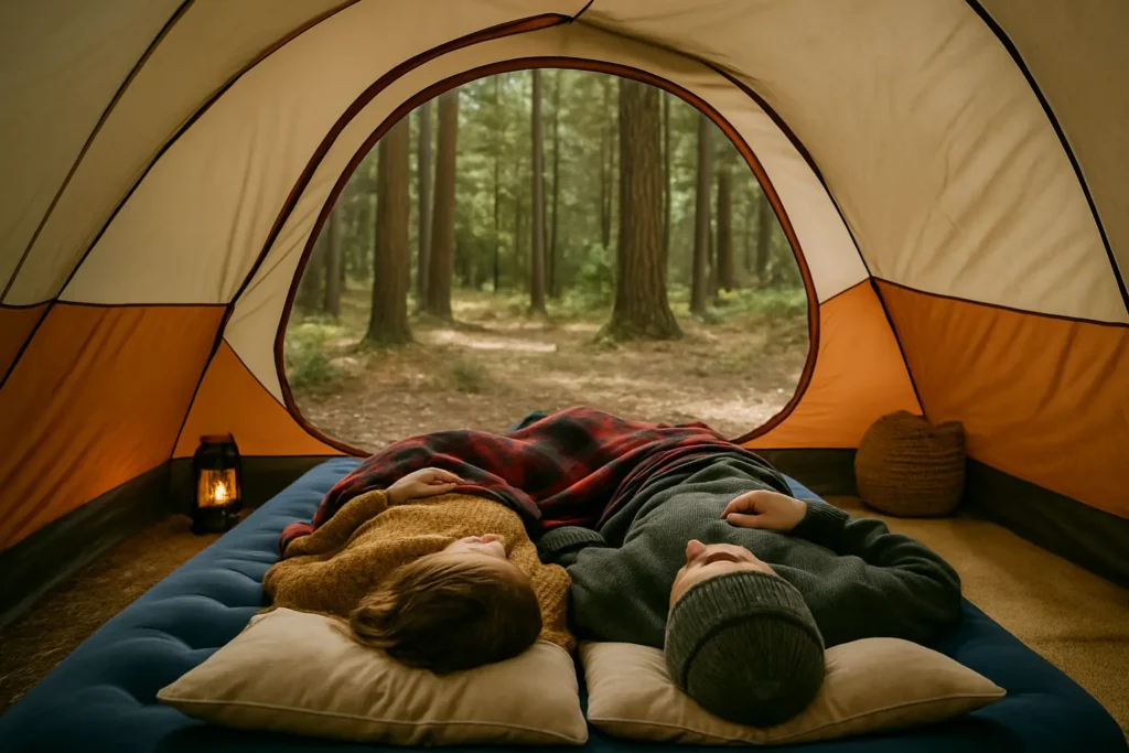 Is an Air Mattress Good for Camping? Pros, Cons & Top Picks 2025 Family relaxing on a queen-sized air mattress inside a tent during a camping trip