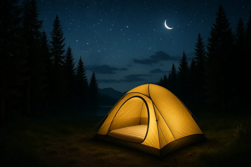 Is an Air Mattress Good for Camping? Pros, Cons & Top Picks 2025 Lit tent at a campsite at night, highlighting a comfortable air mattress setup.