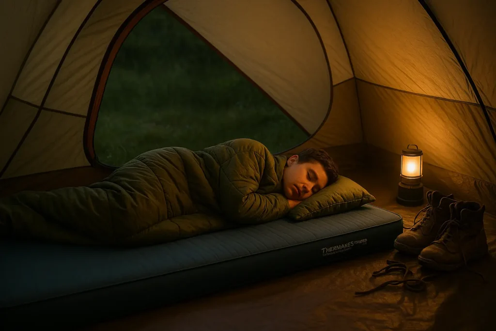 How Thick Should a Self-Inflating Camping Mattress Be? Camper sleeping on a 3-inch self-inflating camping mattress inside a tent.