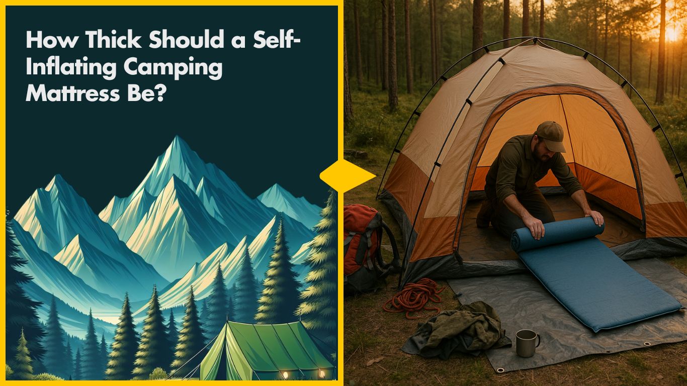 Camper unrolling a self-inflating camping mattress in a tent at sunset.