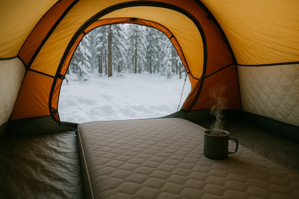 How Thick Should a Self-Inflating Camping Mattress Be? 4-inch self-inflating camping mattress keeping a camper warm in snowy conditions.