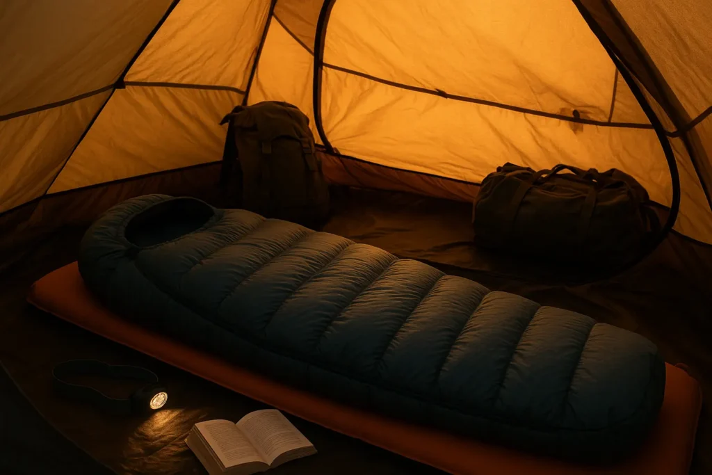 Camping Blanket vs Sleeping Bag: Which is Best for Camping? Mummy-style sleeping bag inside tent ready for sleeping