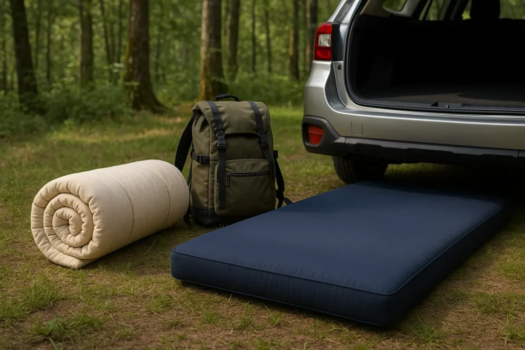 Photorealistic shikibuton vs. Western futon mattress for camping, showing portability