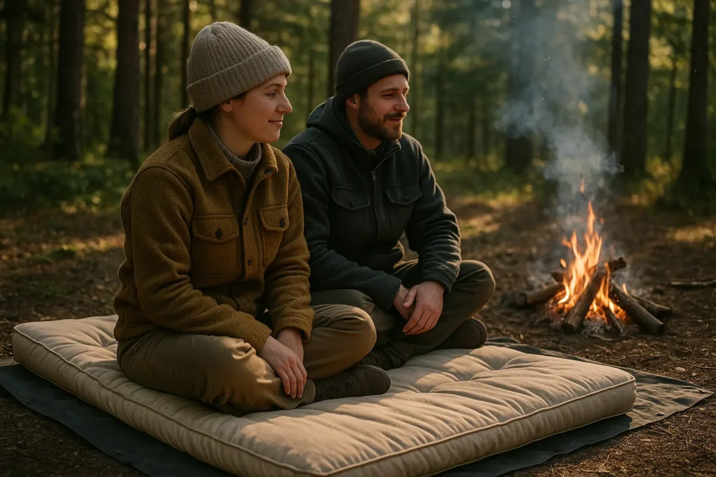 Portable futon mattress used as seating around a campfire for versatile camping comfort
