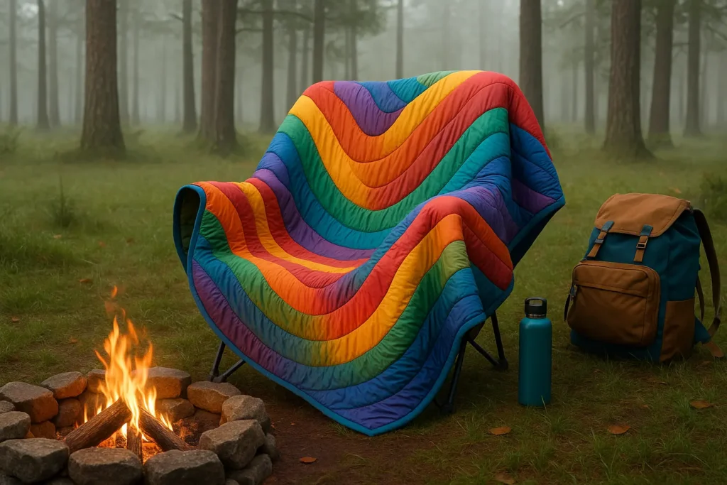 Camping Blanket vs Sleeping Bag: Which is Best for Camping? Insulated camping blanket draped on chair beside a tent