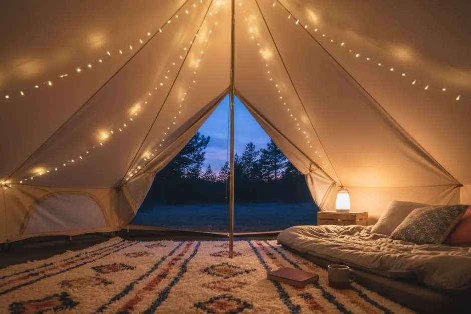 A tent interior decorated with warm lights and organized sleeping space.