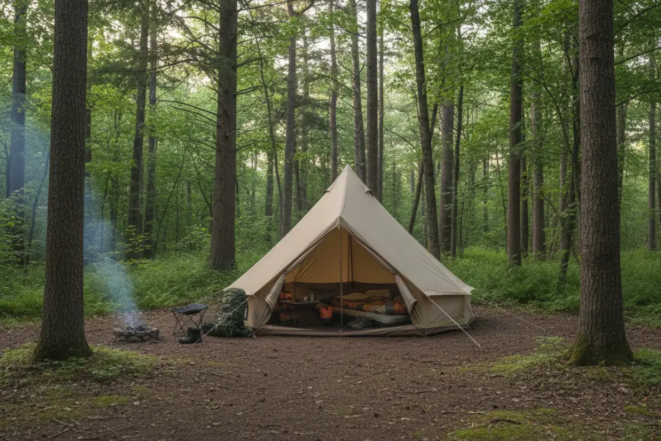 Tent pitched on flat, level ground in a forest campsite.