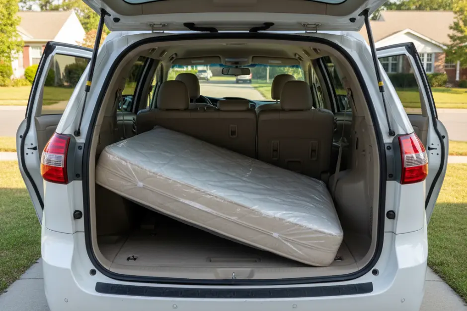 Proper angled loading method for fitting a queen mattress inside a Toyota Sienna.