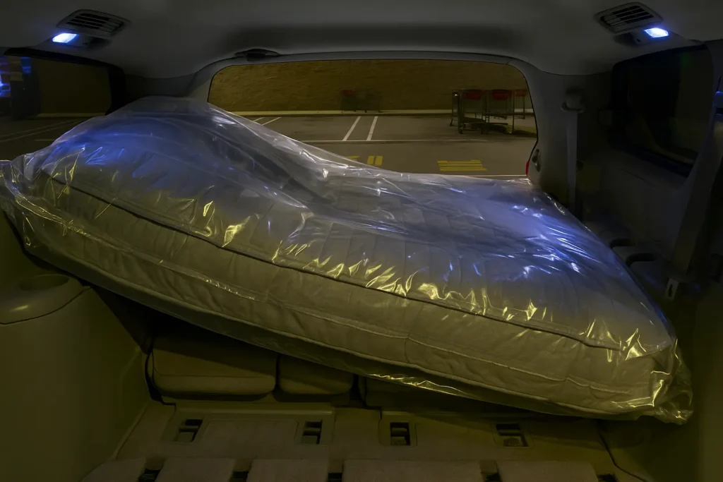 Queen mattress not fitting flat inside a Toyota Sienna due to wheel-well width.