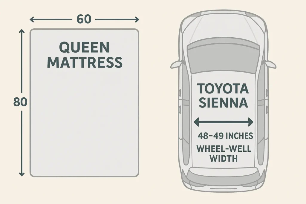 Queen mattress dimensions chart showing 60x80 inches compared to Toyota Sienna wheel-well width.