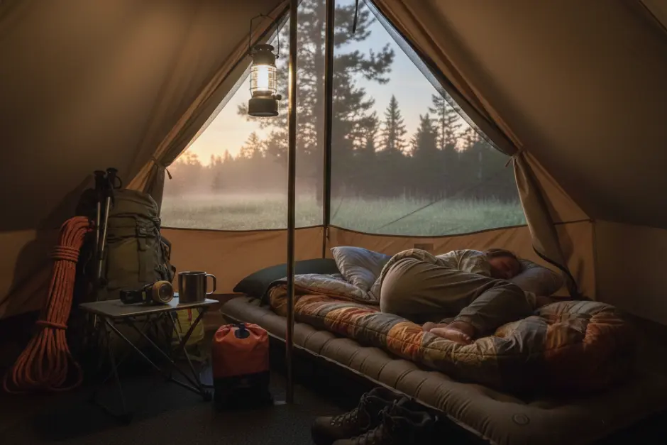 Camper sleeping peacefully inside a tent during sunrise.