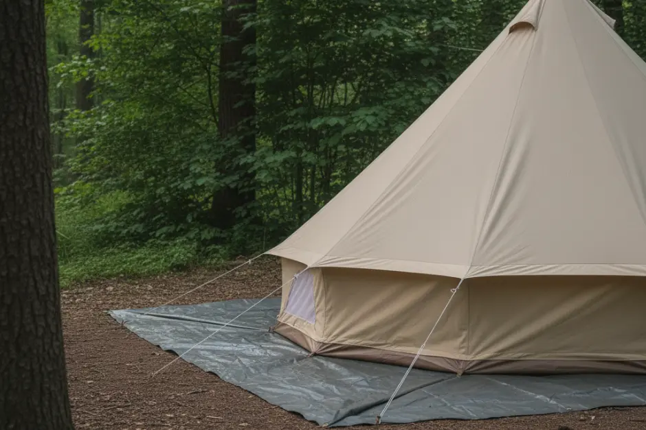 A tent pitched over a waterproof ground tarp for insulation and moisture protection.