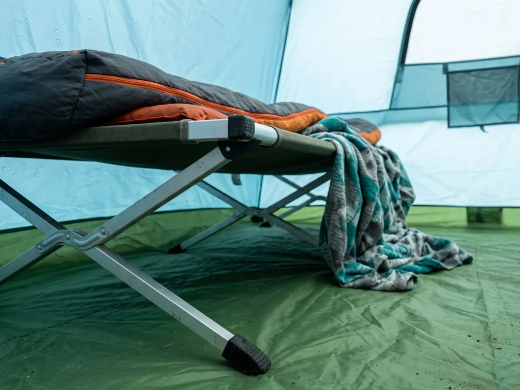 Close-up of camping cot leg with rubber cap protecting tent floor