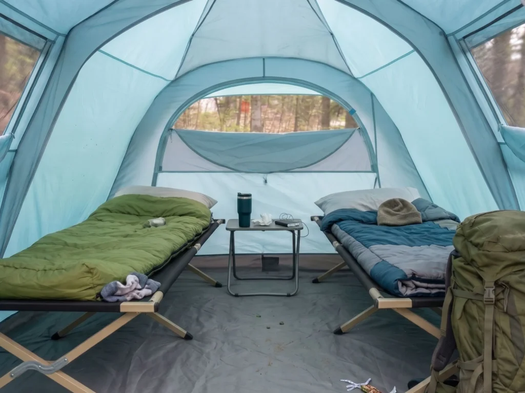 Top view of two camping cots set up inside a large cabin tent with gear