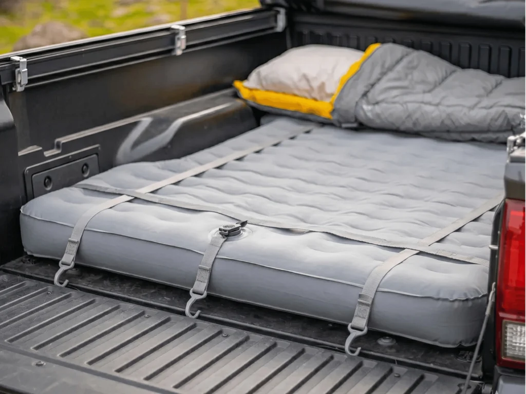 Inflated truck-specific air mattress fitted flat between the wheel wells inside a full-size pickup truck bed