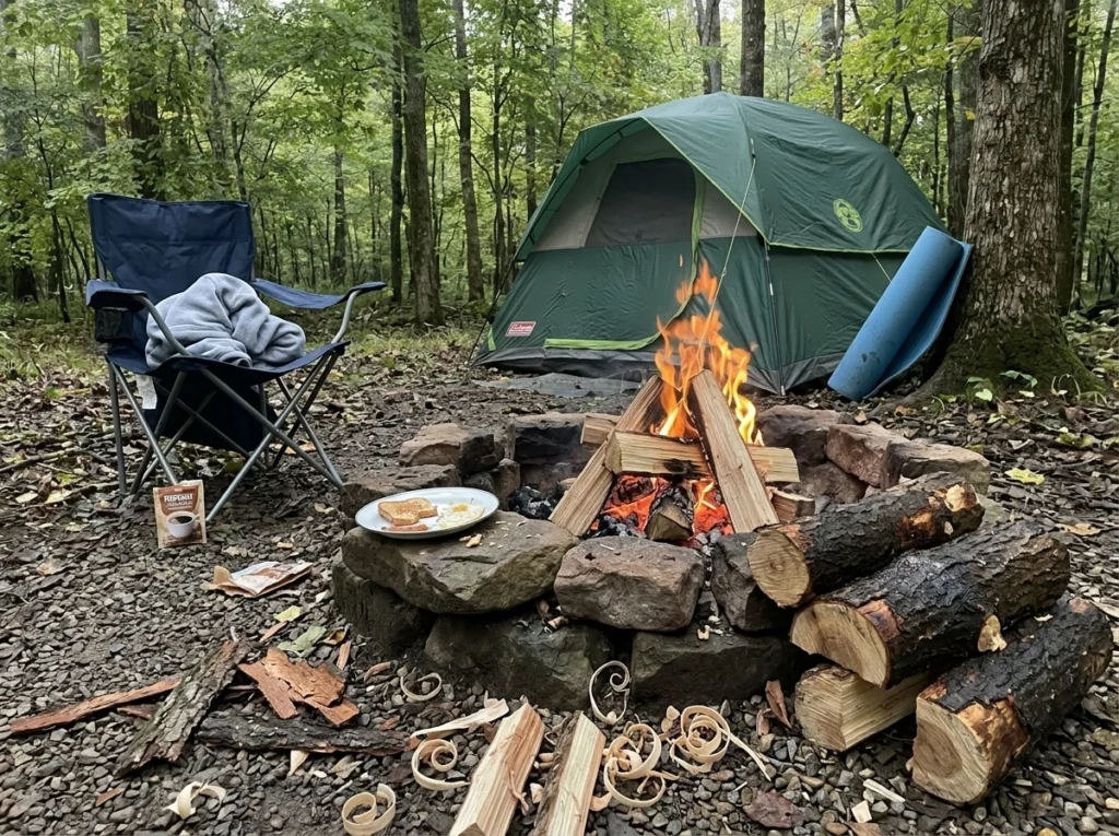 How to Start a Campfire With Wet Wood Campfire burning from split wet logs in a stone fire ring at a messy gravel lakeside campsite with damp logs drying around the perimeter