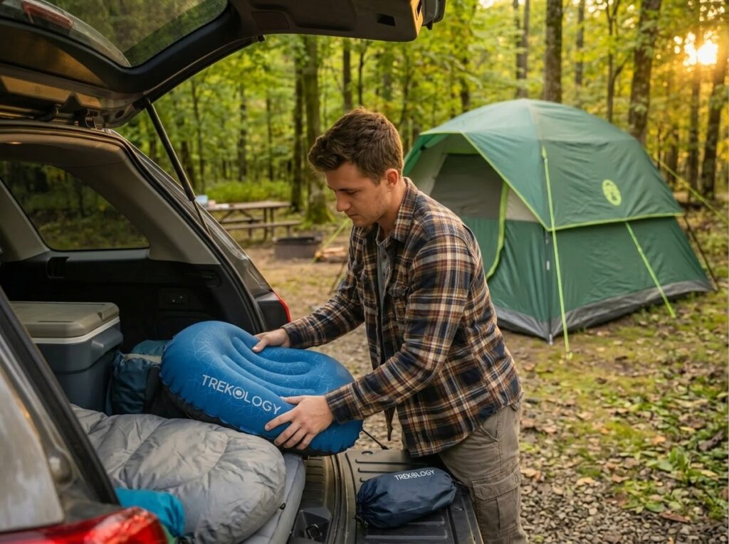 Man loading a camping pillow into an SUV trunk with a green tent in the background