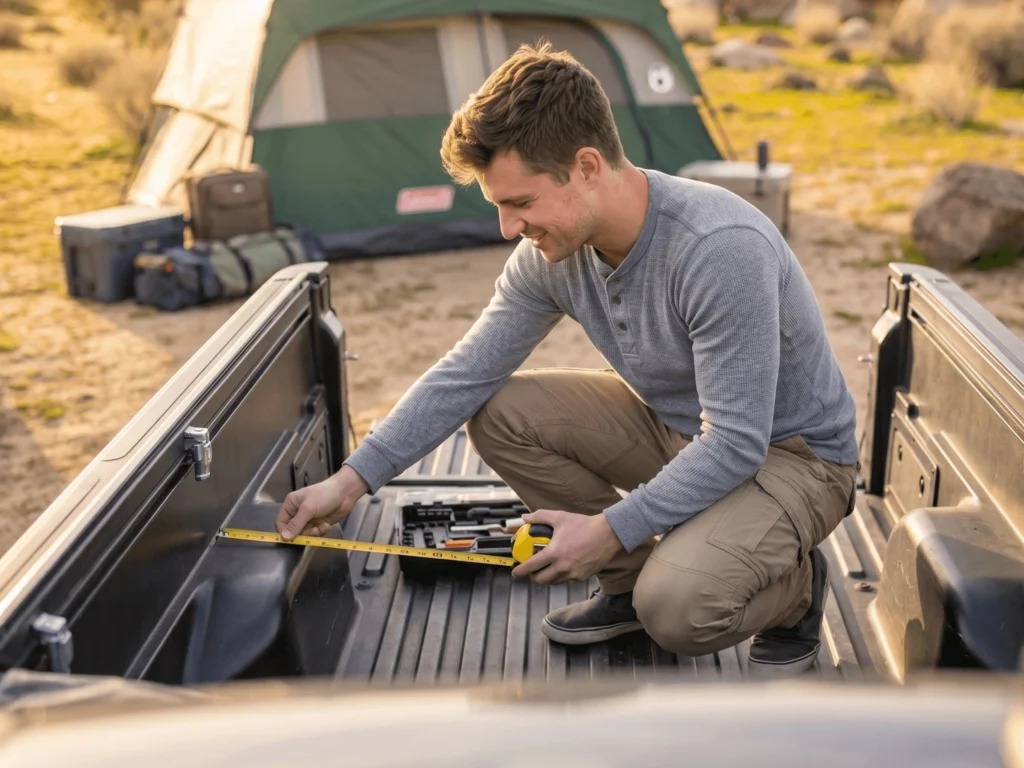 Man crouching in a pickup truck bed measuring the width between the wheel wells with a tape measure