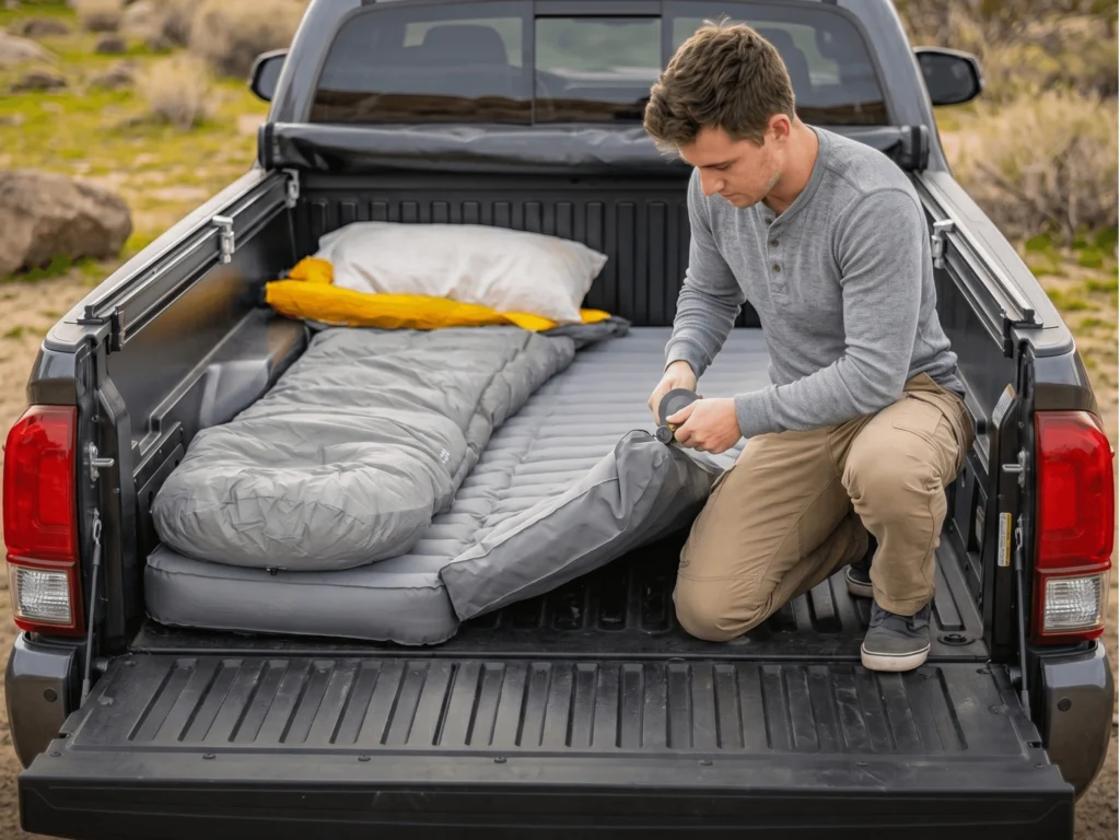 Man unfolding a tri-fold memory foam mattress into the bed of a full-size pickup truck at a wooded campsite