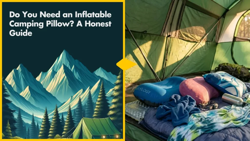 Inflatable, compressible foam, and hybrid camping pillows on a navy sleeping bag inside a green tent