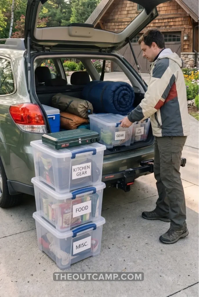 organized storage bins in car trunk for car camping setup