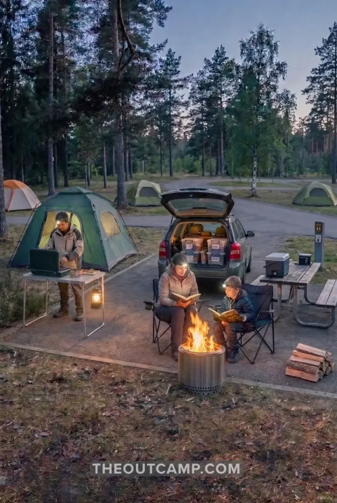 car camping kitchen setup with two-burner stove and folding table