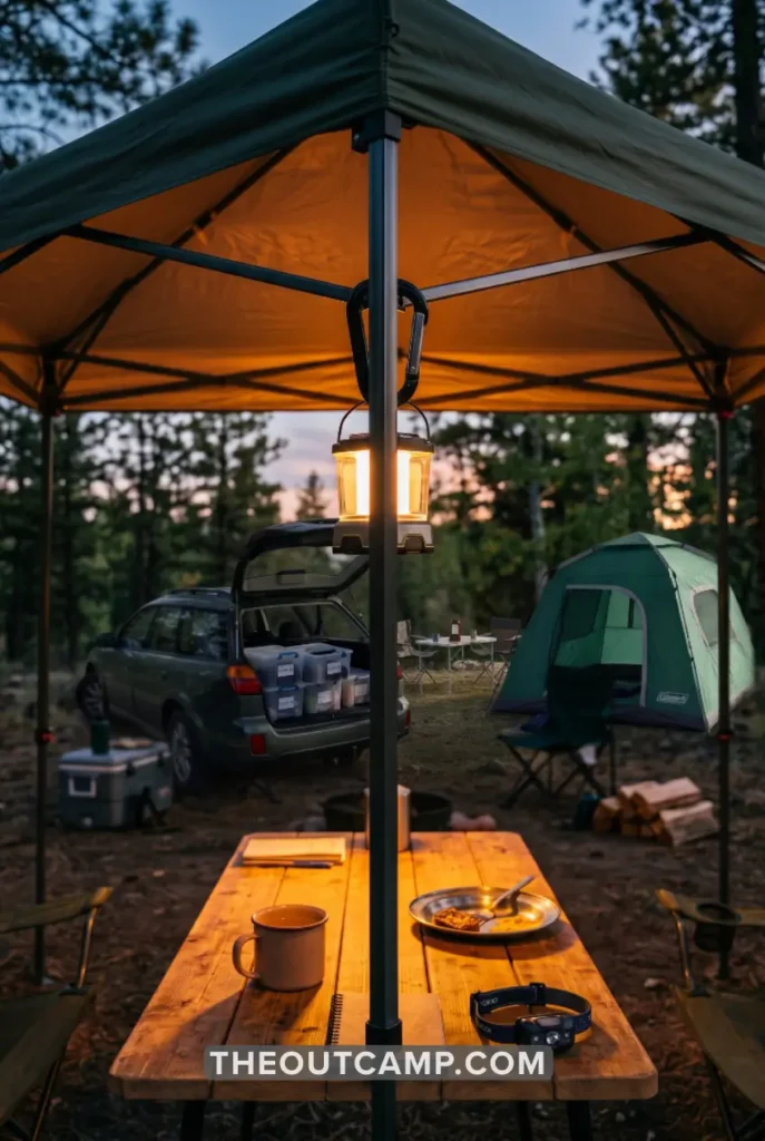 car camping outdoor living space with canopy, camp chairs, and lantern