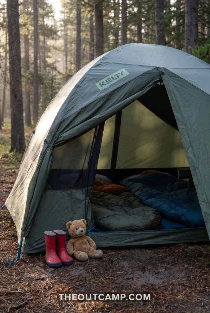 Best 4 Person Tent for Car Camping: 6 Proven Picks (2026) Quiet morning at a family campsite with kids' boots outside a 4 person tent entrance