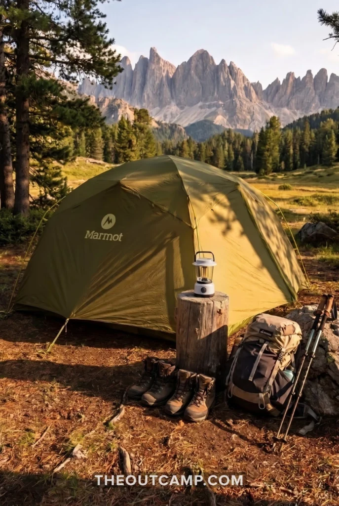 Best 4 Person Tent for Car Camping: 6 Proven Picks (2026) Well-maintained camping tent set up at a scenic mountain campsite and best-splurge-4 person tent mountain campsite